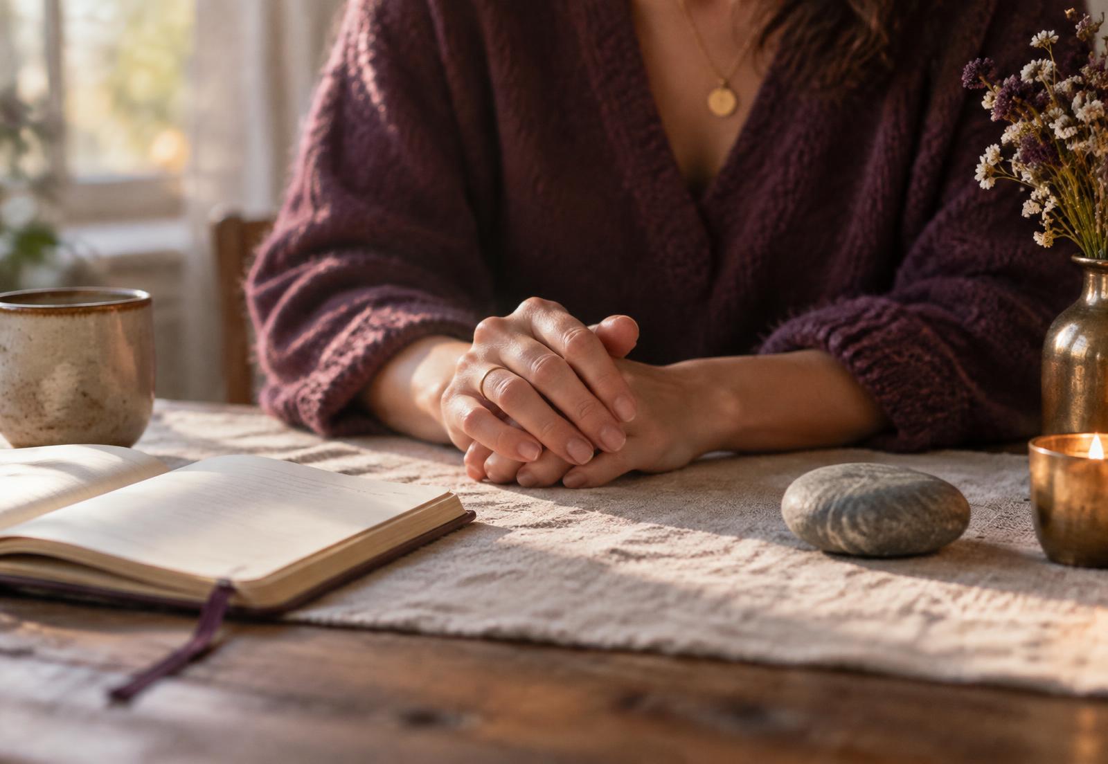 Hands resting quietly beside an open notebook and a smooth stone in warm window light