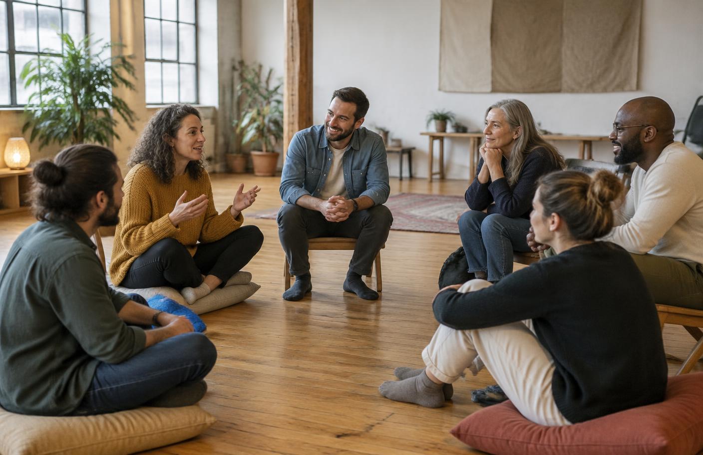A small group gathered in a warm, sunlit workshop room