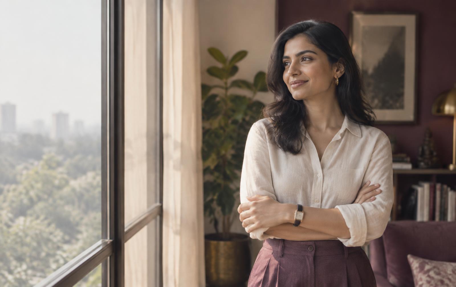 A woman smiling with quiet confidence beside a sunlit window