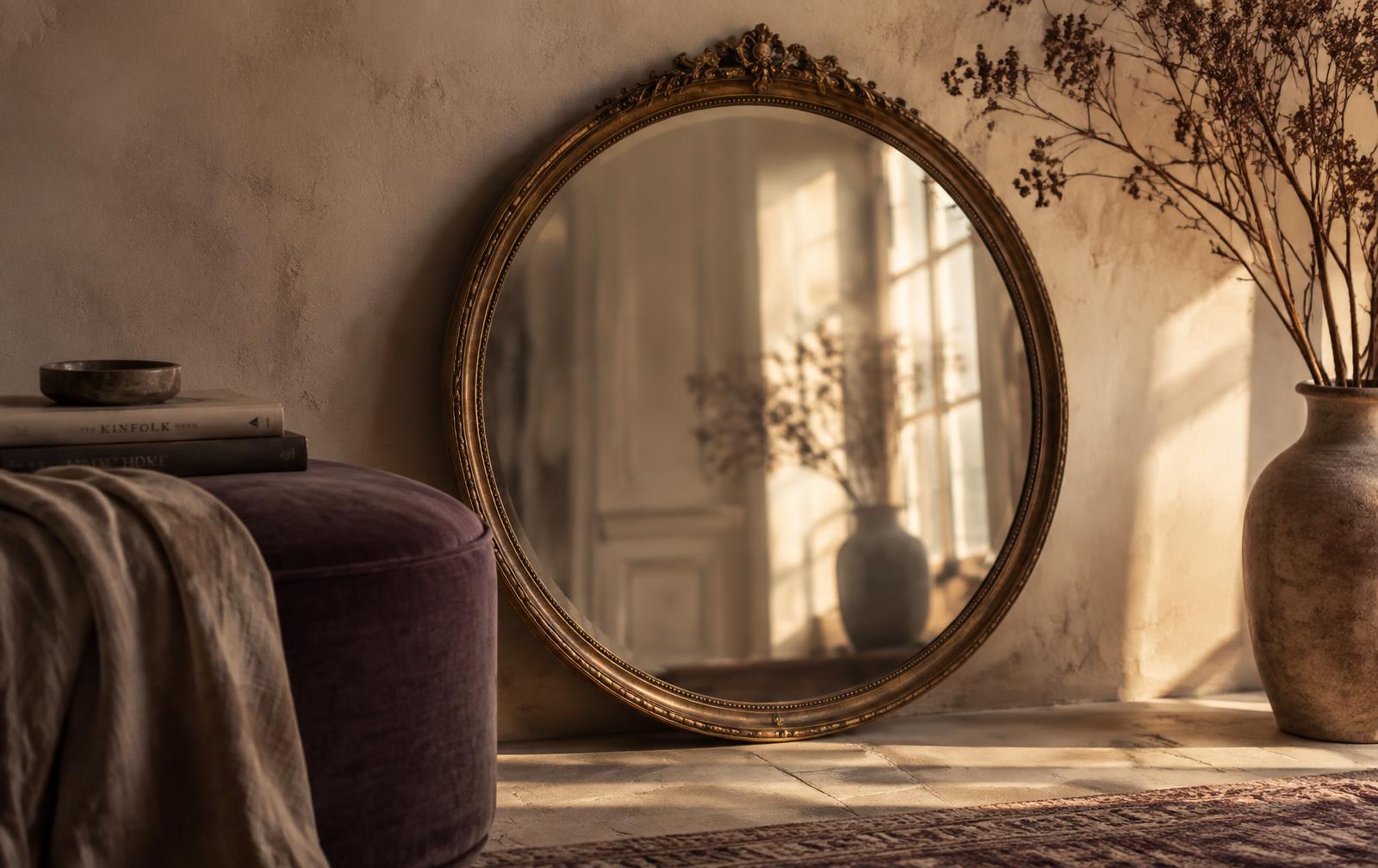 A round antique mirror leaning against a sunlit plaster wall, reflecting a window