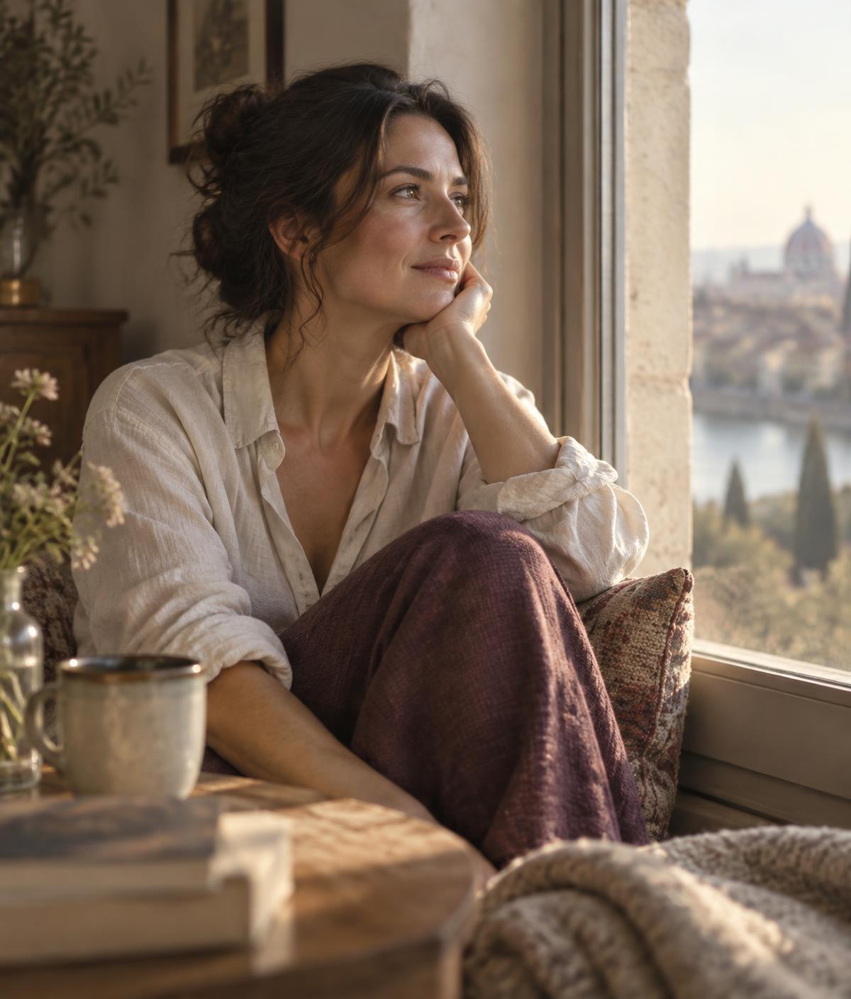 A woman sitting comfortably by a sunlit window, gazing outward with a calm, thoughtful expression