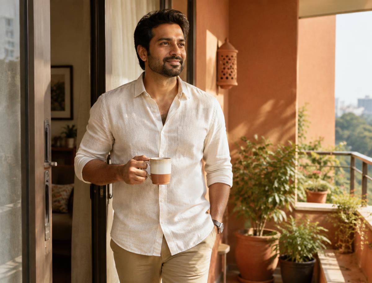 A man stepping onto a sunlit balcony, smiling
