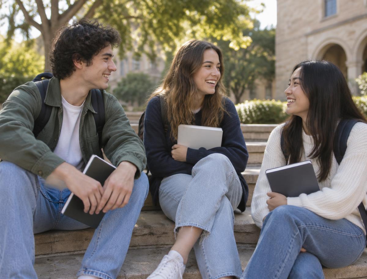 Students laughing together around a table